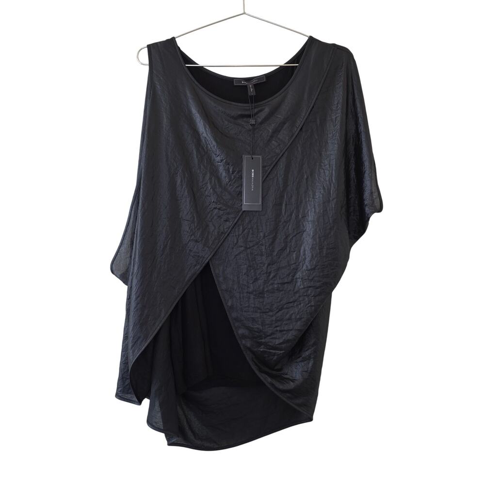 BCBGMAXAZRIA Elodie Black Asymmetrical Drape Top Women Size L Sleeveless Layered